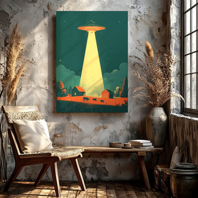 UFO Farm Abduction Poster Retro Sci Fi Spaceship Beam Country Print Canvas Wall Art Print, Living Room Bedroom Office Hallway Decor, Modern Surreal Gallery Wall Accent for Apartment Loft Entryway Home