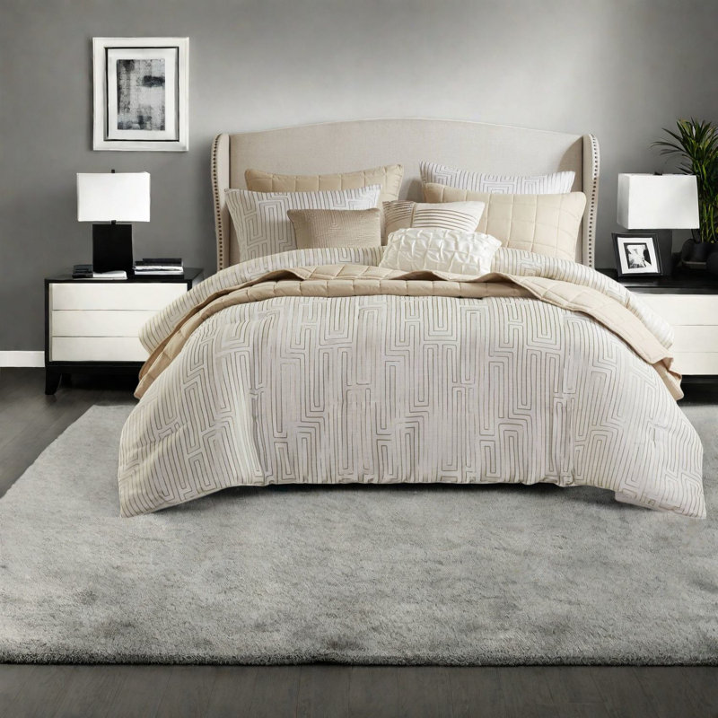 Ensembles de literie de luxe 10 pièces, édredon jacquard ivoire, design douillet toutes saisons