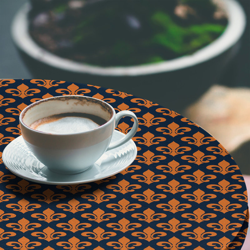 Ambesonne Fleur De Lis Fitted Round Tablecloth Indigo Orange, 47.24" Round