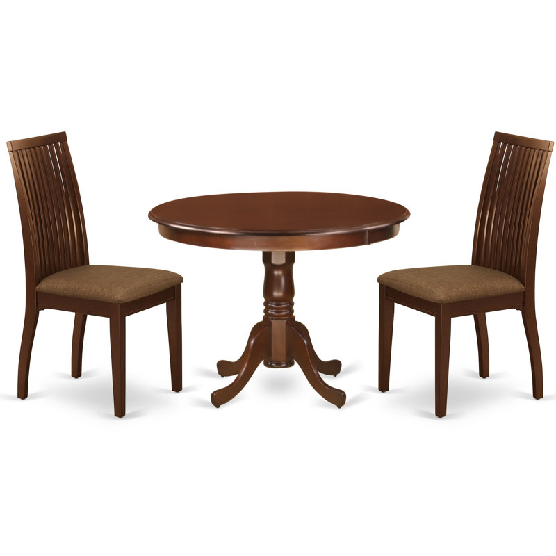 3 Piece Dining Room Furniture Set Contains a Round Dining Table with Pedestal and 2 Linen Fabric Upholstered Chairs, Mahogany