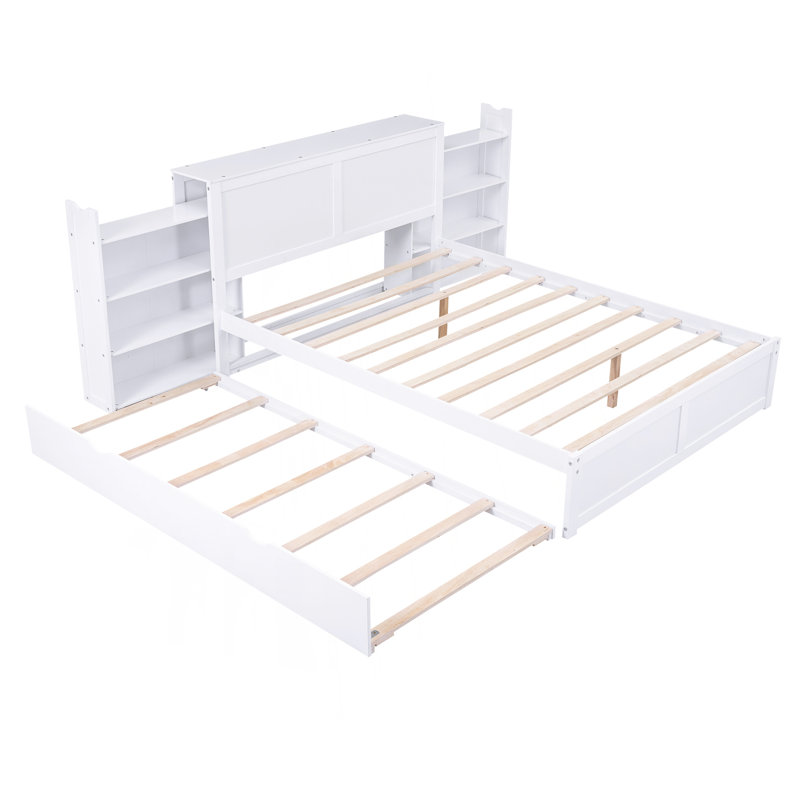 Grand lit plateforme avec rangement et tablettes gigognes TG, blanc