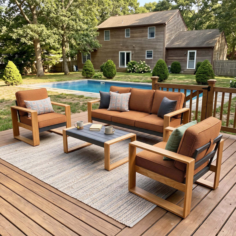  4 Pieces Aluminum Patio Furniture Set With Coffee Table, Oversized Seat With Hight Back Outdoor Conversation Sets, Orange