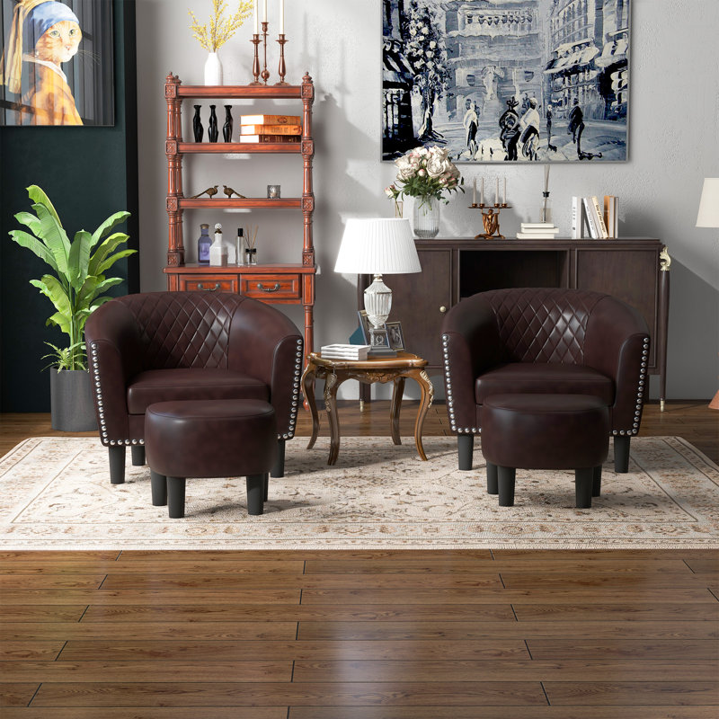 Janajah 28" W Faux Leather Upholstered Barrel Chair with Matching Ottoman (Set of 2) , Black Faux Leather