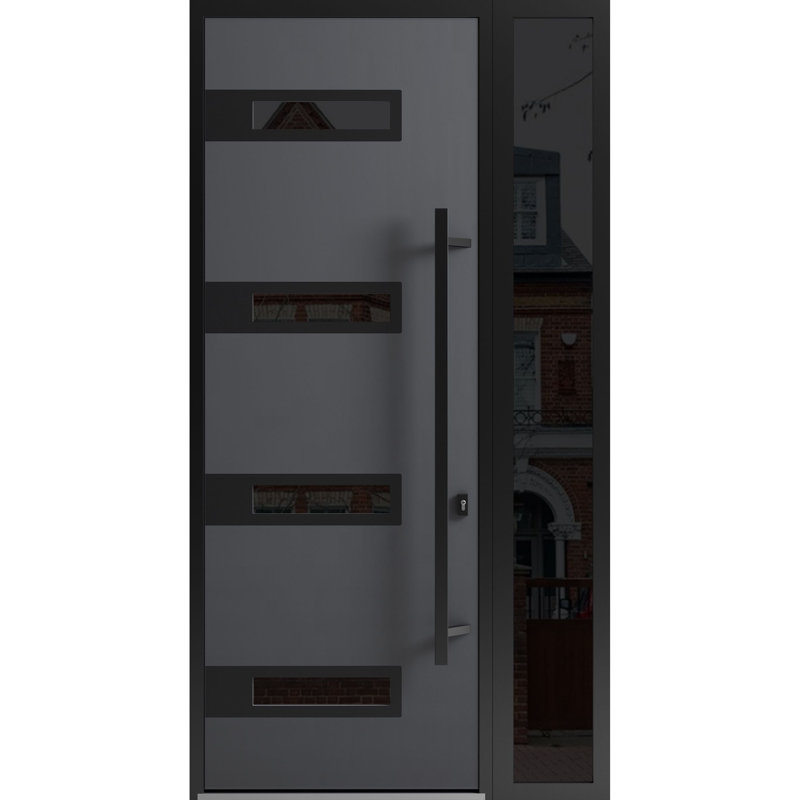Porte d'entrée extérieure prémontée en acier Ronex 0131 grise, fenêtre latérale extérieure, imposte, métal peint, style moderne, largeur 36+16 po x hauteur 96 po, ouverture gauche vers l'intérieur