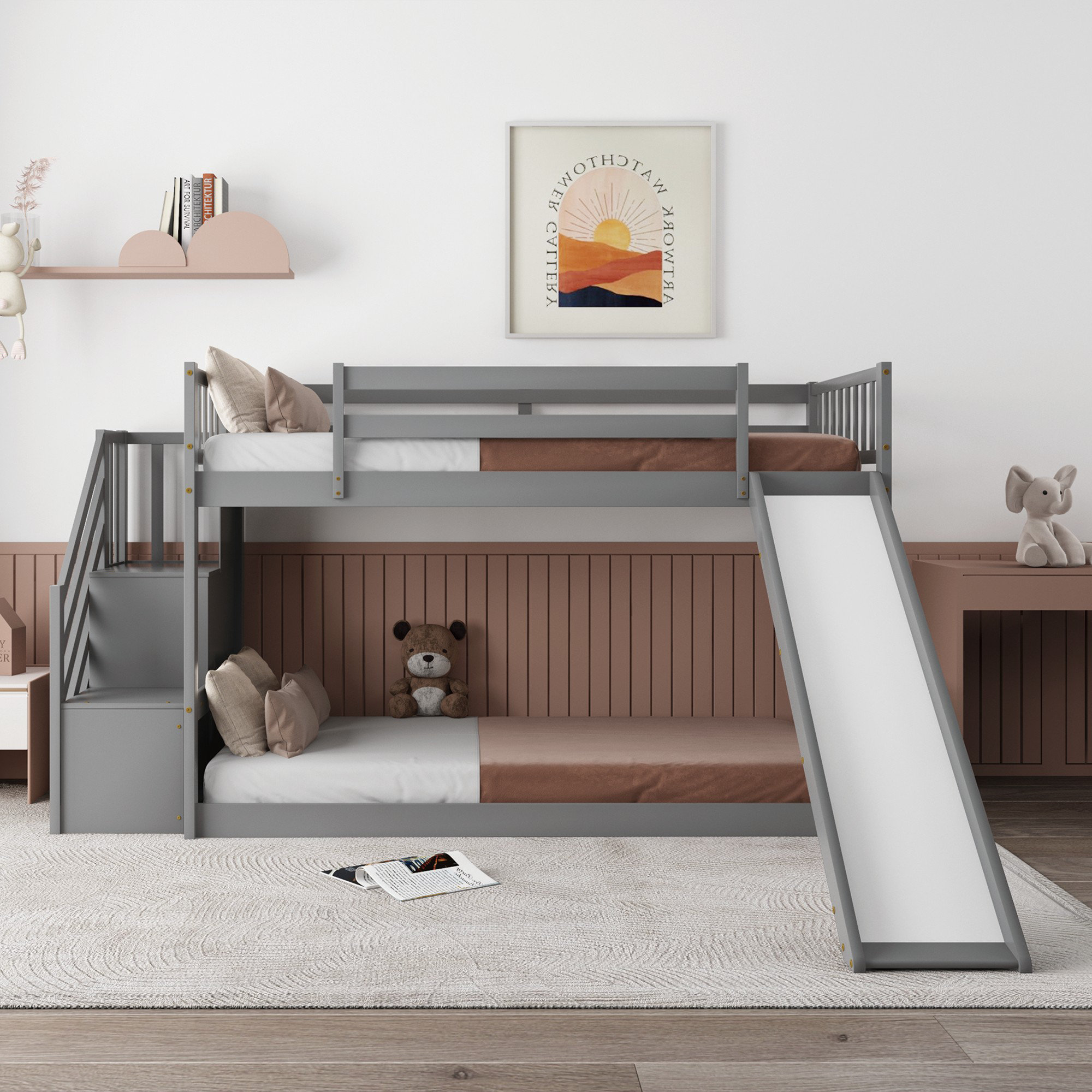 Harriet Bee Twin Over Twin Bunk Bed With Convertible Slide And Stairway ...