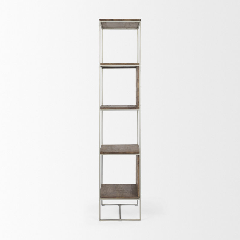 Sagan Narrow Brown Wood and Silver Metal Etagere Bookcase