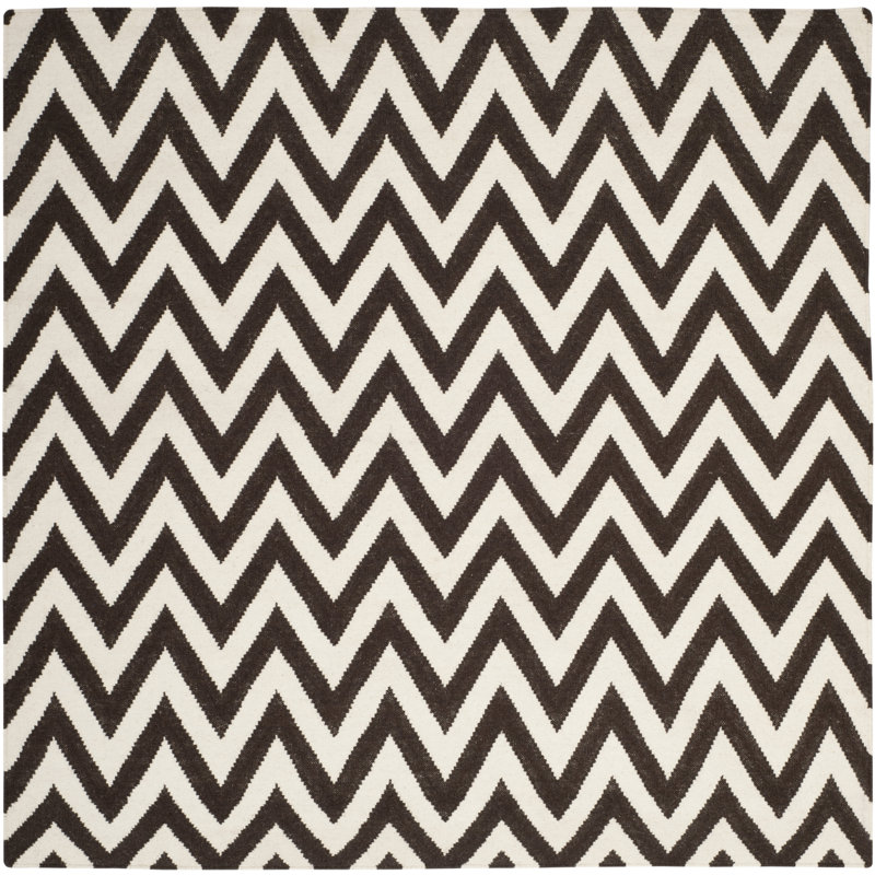 Rodgers Hand Woven Flat Weave Wool/Cotton Chevron Rug in Brown/Ivory, Square 8'