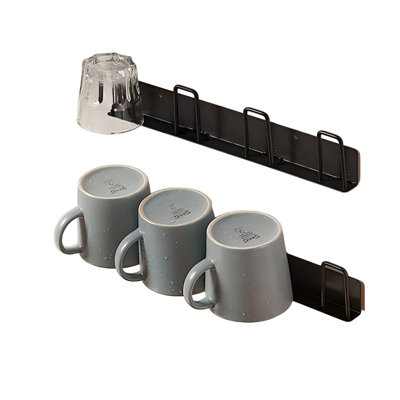 Wall-Mounted Mug Holder, Coffee Cup Rack with 4 Hooks, No Drilling Required, 2-Pack (Black)