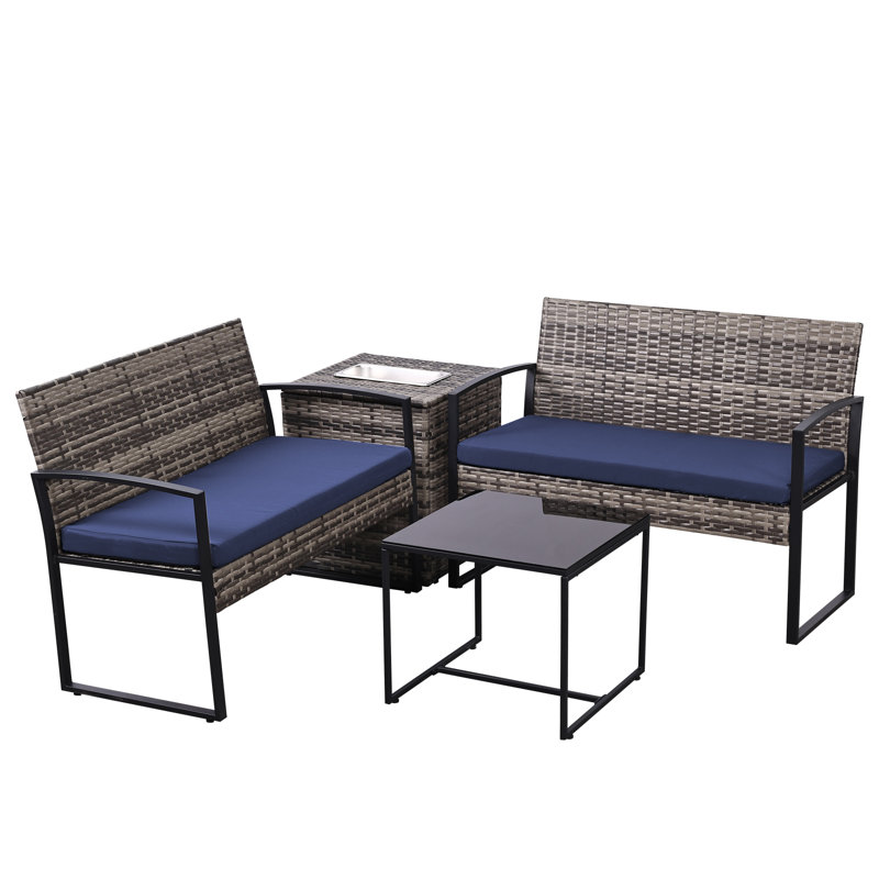 4 Piece Outdoor PE Wicker Furniture Set, Patio Rattan Sectional Sofa Couch with Washable Cushions, Light Blue