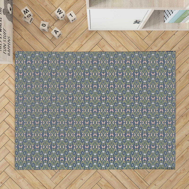 Bees & Butterflies Kids Play Mat, Blue/Green/Pink, Rectangle 5' x 7'