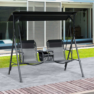 Black Patio Swing With Canopy And Drink Holder - Weather , Steel 2 Porch Swing. Outdoor Adjustable Cover. Storage Table & Cup Holder. Strong Frame. 528 Lbs Load Capacity. Fashion