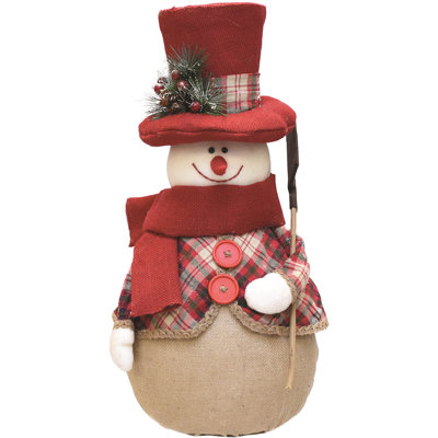22.75" Red and Brown Plaid Snowman with Shovel Tabletop Christmas Figure