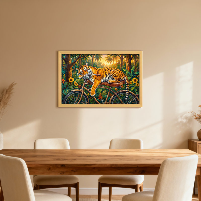 Animaux, tigre, bicyclette, scène de la jungle, H 12 po x l 18 po, Toile tendue, Ne s’applique pas