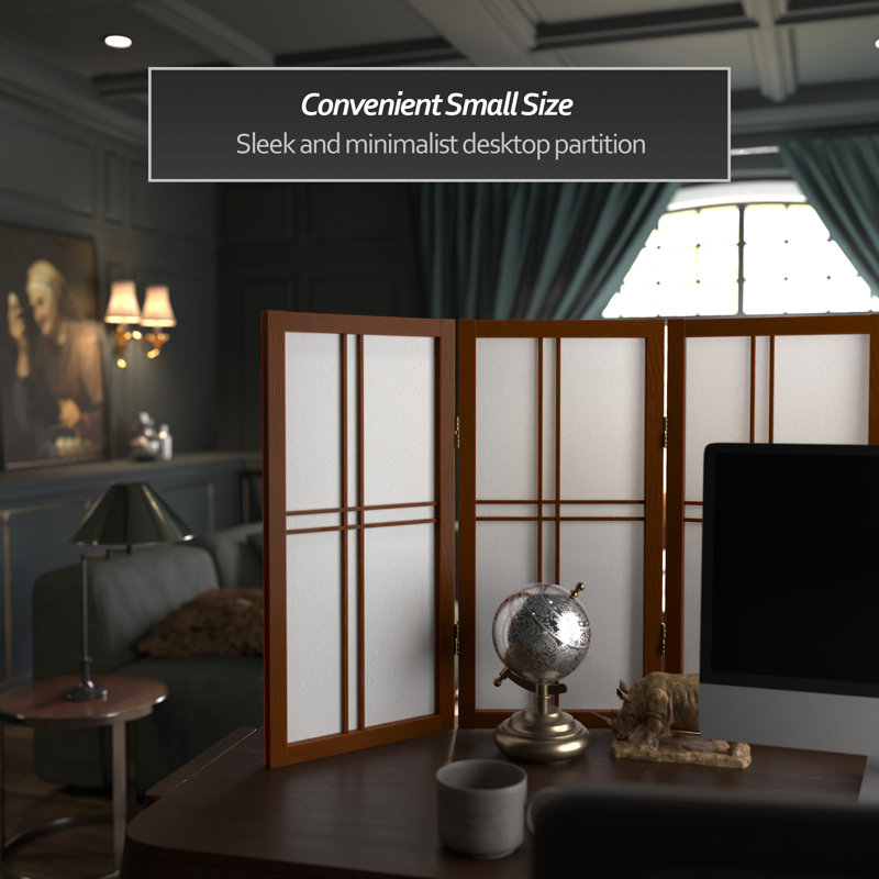 26" Desktop Double Cross Shoji Screen 4 Panel Room Divider, Walnut, 4