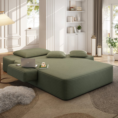 Luxurious Plush Corduroy Chaise Lounge Convertible Sofa Bed With Storage Pocket And Wide Armrests