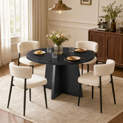 Round Dining Table Set with 4 White Curved‑Back Upholstered Dining Chairs, Modern Dining Room Table & Chair Combo