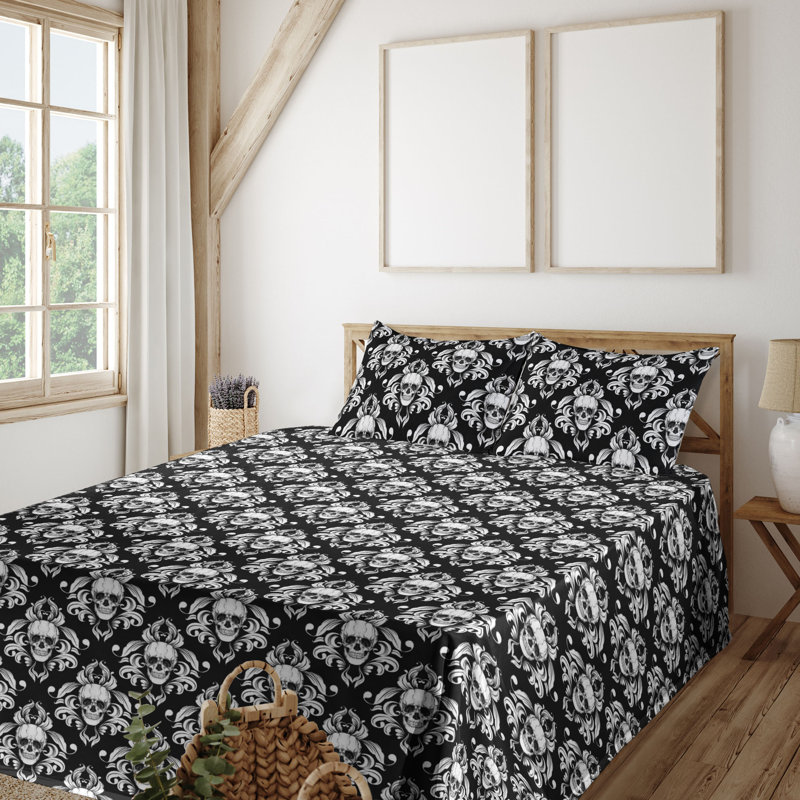 Ambesonne Skull Sheet Set Gothic Damask Flowers Print Charcoal Grey and White, Queen Sheet Set with 2 Pillowcases