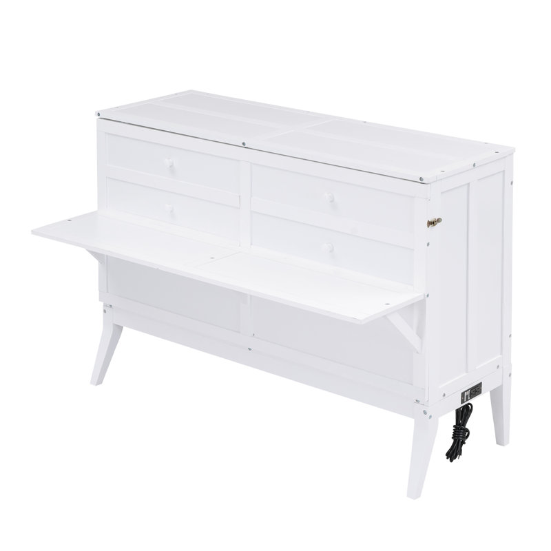 Grand lit escamotable avec station de charge USB et tablette de rangement, armoire murale peu encombrante, blanc