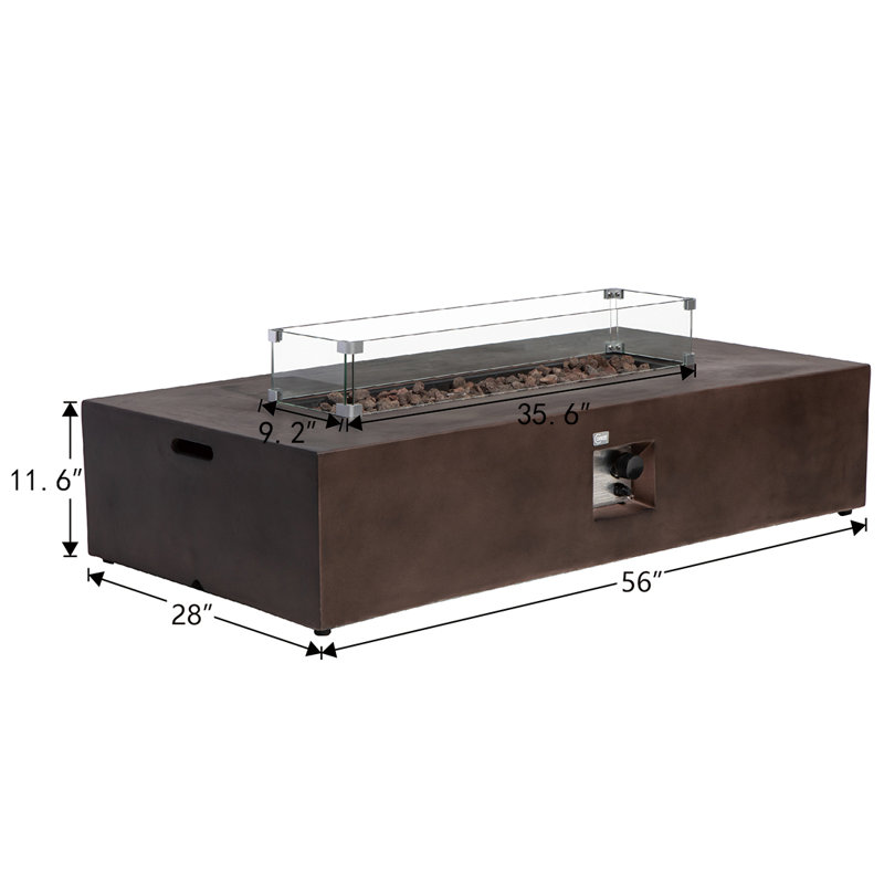 56"W Outdoor Concrete Propane Fire Pit Table With Glass Wind Guard, Red