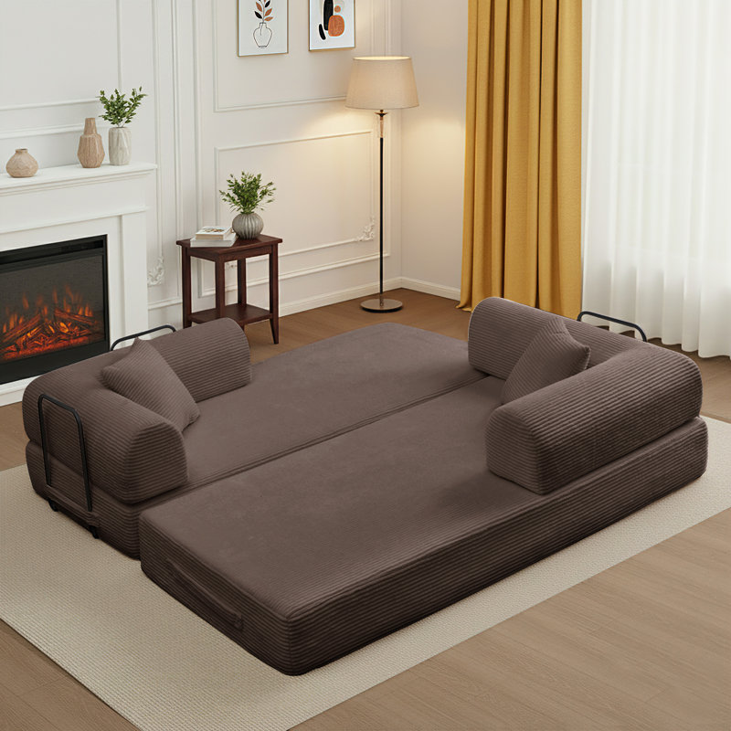 64.7" Boneless Corduroy Sleeper Sofa Bed, Modular Futon Couch, Compression Foam Sofa with 2 Pillows, No Assembly Required