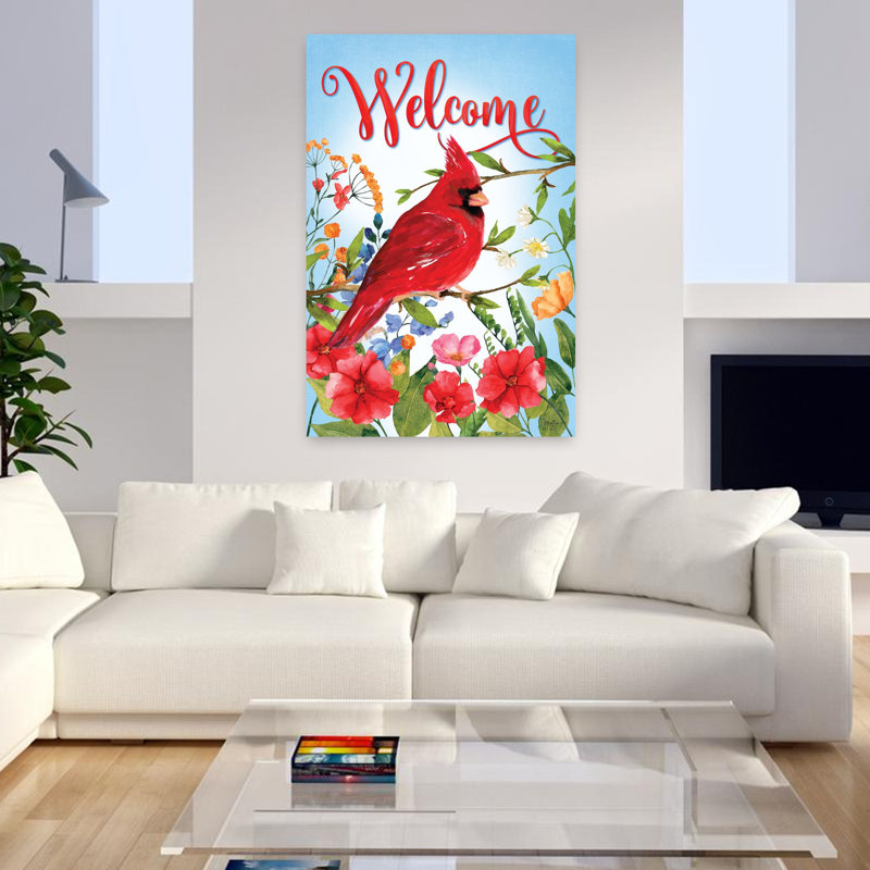 Art floral contemporain, bienvenue, cardinal, H 48 po x l 32 po
