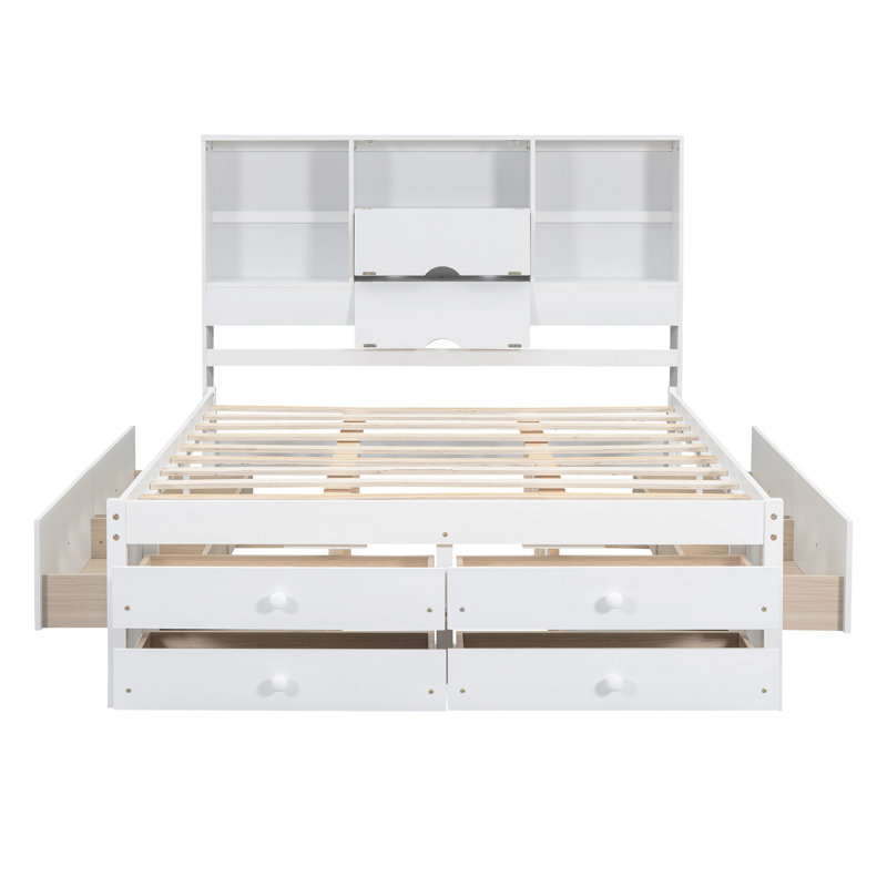 Brackney Platform Bed with Storage Headboard and 8 Drawers, White, Queen