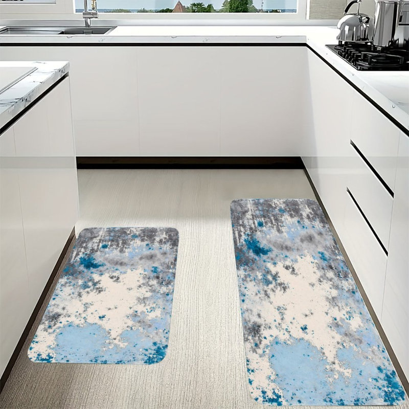 Tapis de cuisine antidérapant bleu et gris, 2 pièces