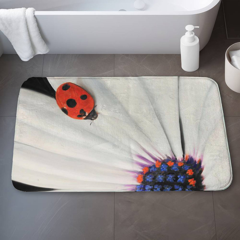 White daisy and ladybug Bath Mat with Non-Slip Backing - Quick Dry Memory Foam Bathroom Rug - Absorbent - Modern Plush Spa-Style - Machine Washable