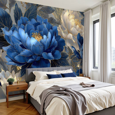 Papier peint adhésif moderne avec motifs floraux romantiques et pivoines bleues décoratives dorées H 100 po x l 144 po papier mural amovible en PVC de luxe minimaliste, décoration murale nordique, pour le salon de la chambre à coucher