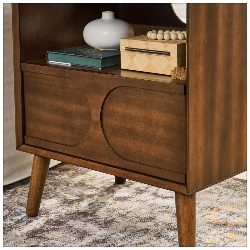 Mid Century Modern Fluted Nightstand With Charging Station, USB Ports, And Outlet Hole, 4 Solid Wood Legs, Open Space, And Drawer, Walnut