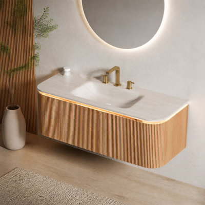 Meuble-lavabo flottant 48 po avec lavabo, meuble à grain de bois rayé 3D, capteur de lumière DEL et lavabo intégré en pierre frittée Travertine