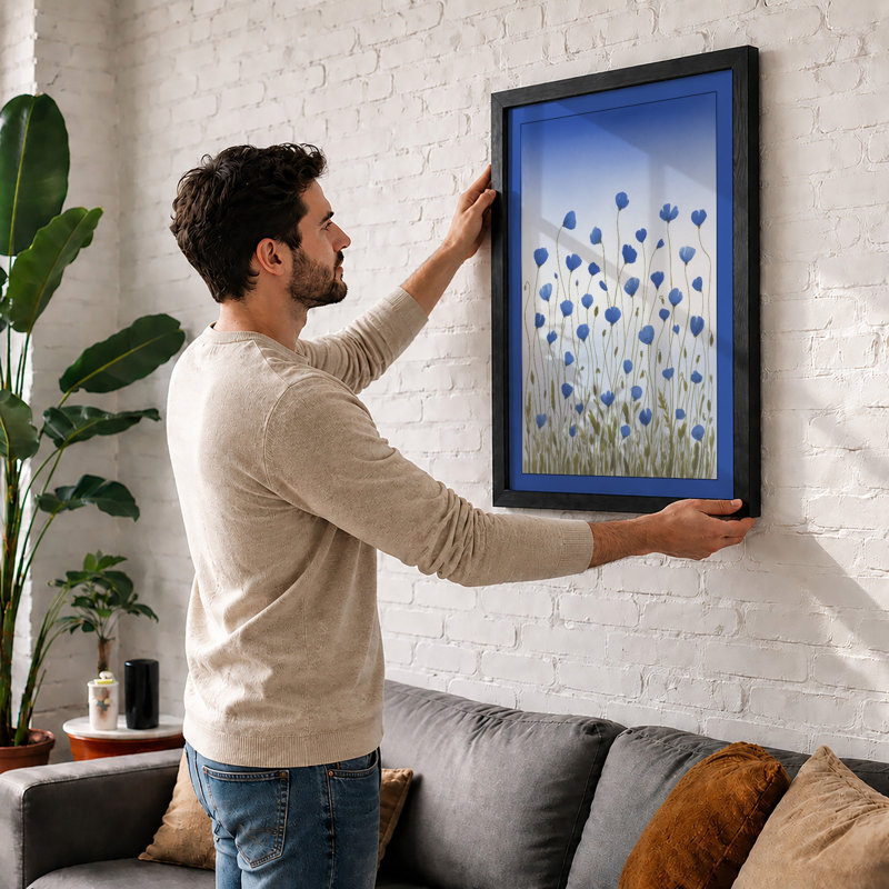 Blue Wildflower Meadow Botanical - Framed Print, A2 - 59.4 x 42.0 cm, Walnut