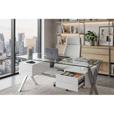 Beverly 4 Drawer - Large Modern Executive Desk with Steel X-shaped Legs – Contemporary Home Office Writing Table