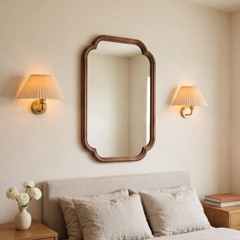 Brandis Wooden Bathroom Wall Mirror, 36" x 24", Walnut, Scalloped