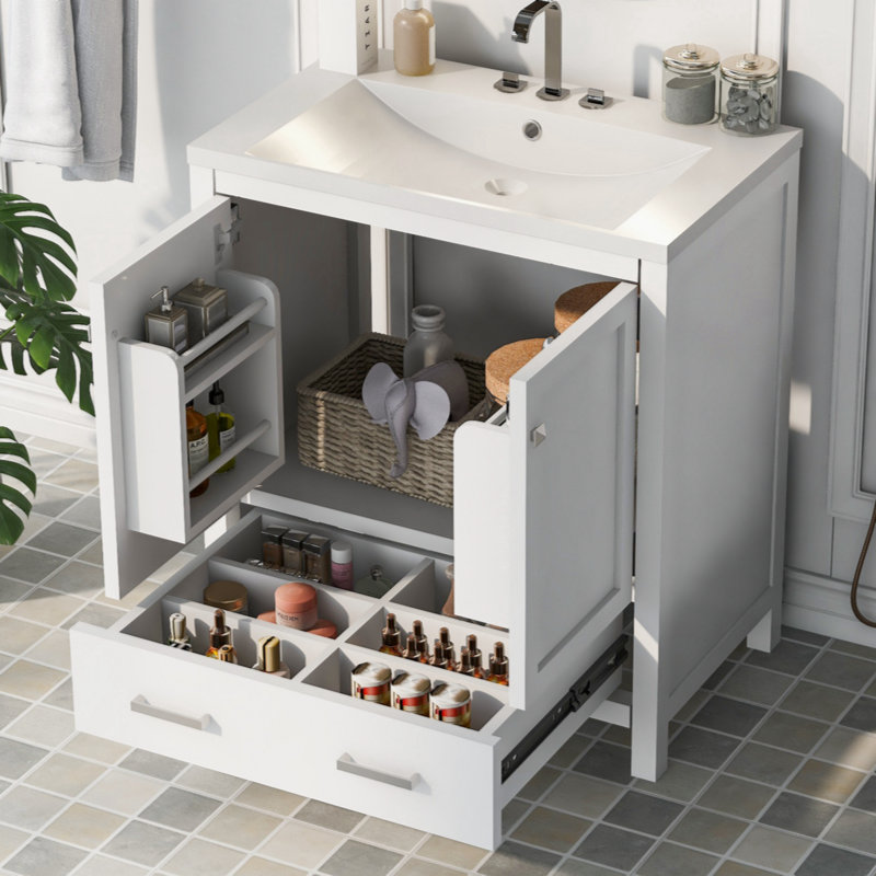Ensemble de meuble-lavabo simple 18 po avec plateau en bois massif et bois aggloméré Oseias, Blanc