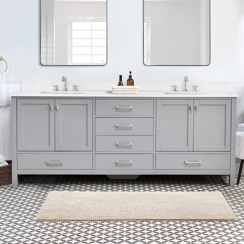 Meuble-lavabo double 84 po avec plateau en pierre reconstituée Render, Gris