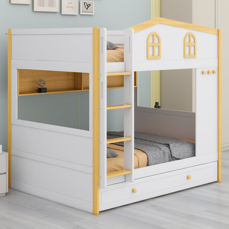 Wood Bunk Bed with House-Shaped Guardrails, Built-in Storage Shelves & Pull-Out Trundle, Full over Full