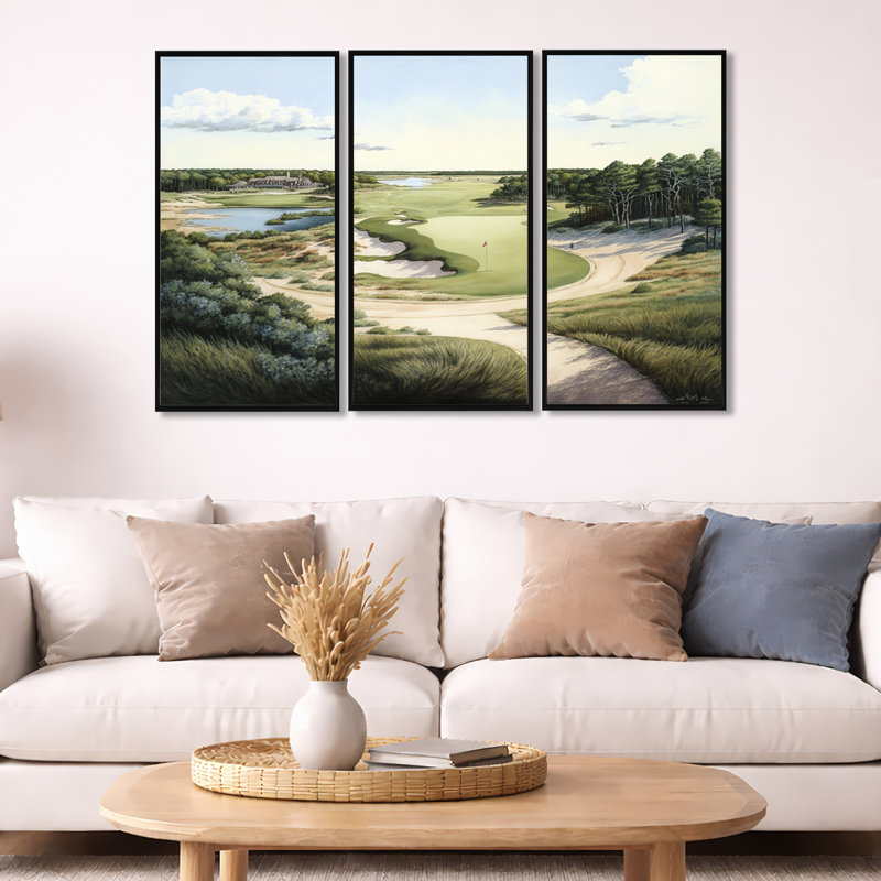 «Golf Course in The Summer», reproduction sur toile 3 pièces, Impression encadrée, H 32 po x l 48 po, Noir