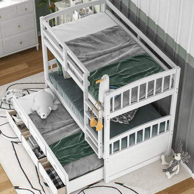 Lit superposé blanc avec lit gigogne et 3 tiroirs pour lit simple - construction au-dessus des tiroirs, agencement de chambre spacieux