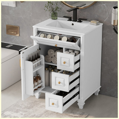 Meuble-lavabo de salle de bain autoportant en bois massif 24 po avec rangement à fermeture en douceur