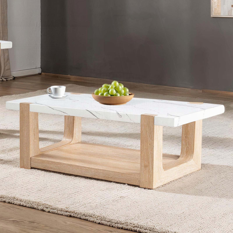 Table basse moderne moderne avec plateau en faux marbre - deux tons naturel et blanc