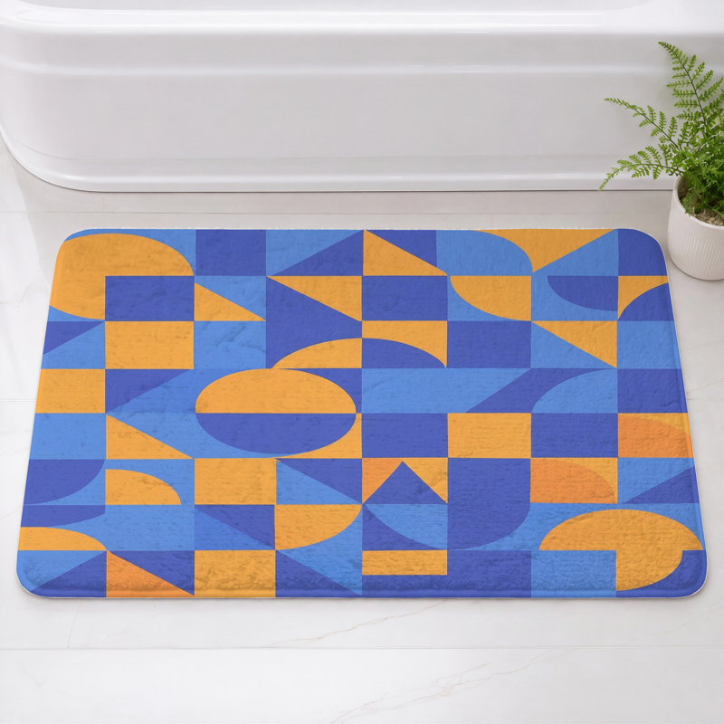 Tapis de bain à motif géométrique, L 34 po x L 21 po, Bleu moyen / orange moyen