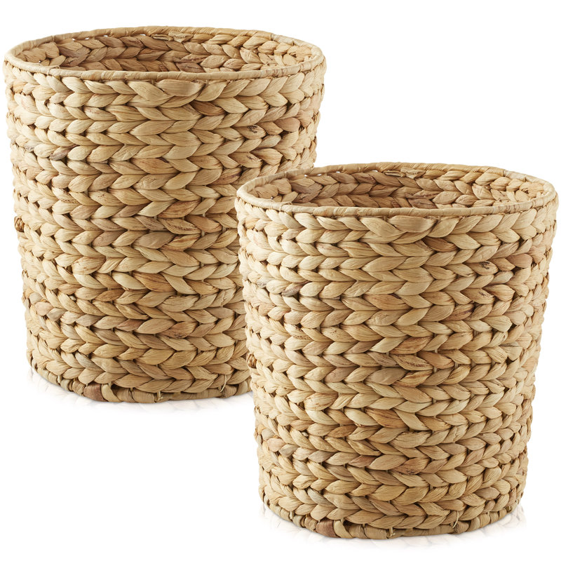 (Set of 2) Water Hyacinth Waste Baskets, Natural Woven Trash Can Bins