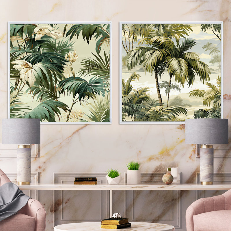 Coplyn - Ensemble de 2 collages carrés tropicaux, Cadre flottant blanc, H 16 po x l 33 po