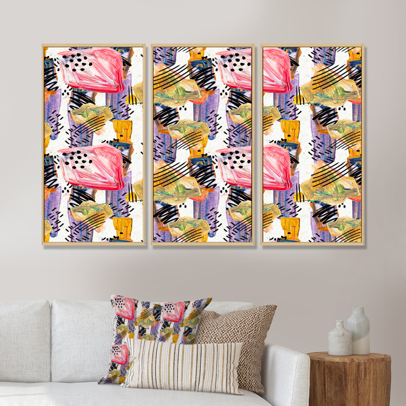 Motif rétro avec éléments roses et verts - ensemble de 3 peintures sur toile à cadre flottant, H 20 po x l 36 po x P 1 po