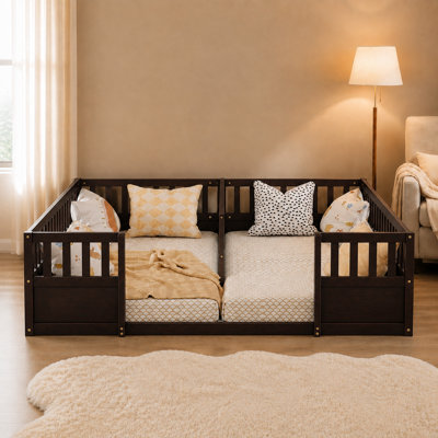 Double Twin Wooden Floor Bed for 2 Kids with Center Divider, Semi-Enclosed Guardrails and Dual Open Entrances for Shared Bedrooms