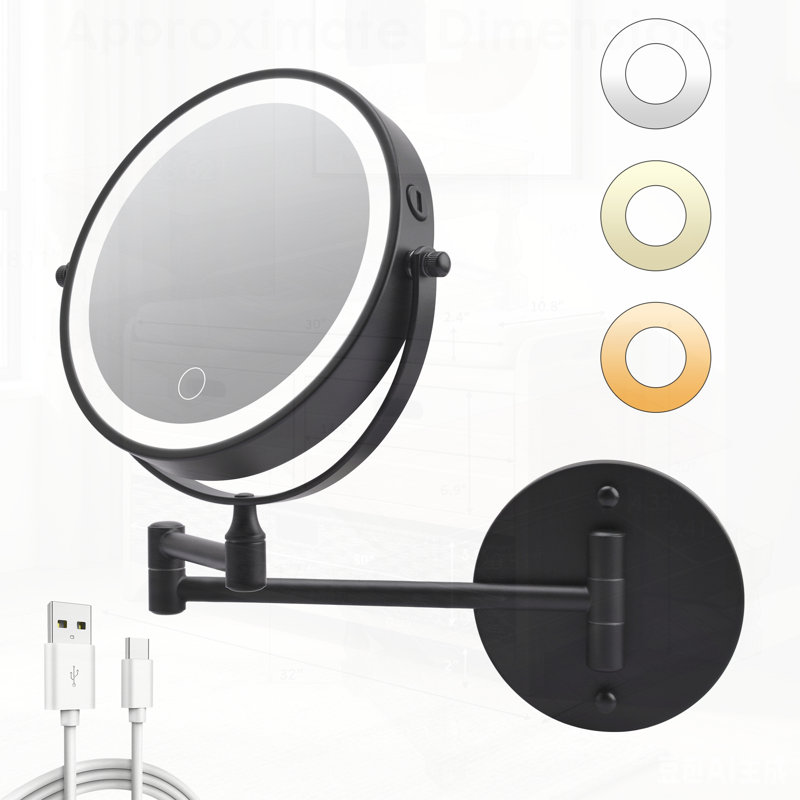 Miroir de maquillage mural rechargeable avec lumières, grossissement 1 / 10X, rotation à 360 ° et bras pliable pour une meilleure visibilité et commodité