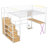Metal Loft Bed with Built-in Work Station, Wardrobe, Storage Staircase and LED, White-1723304597