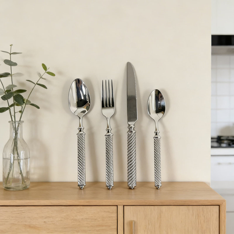 Ensemble 20 pièces de coutellerie professionnelle en acier inoxydable 304 avec poignée torsadée - couteau à steak, fourchette, cuillère et fourchette à dessert pour le restaurant et la maison