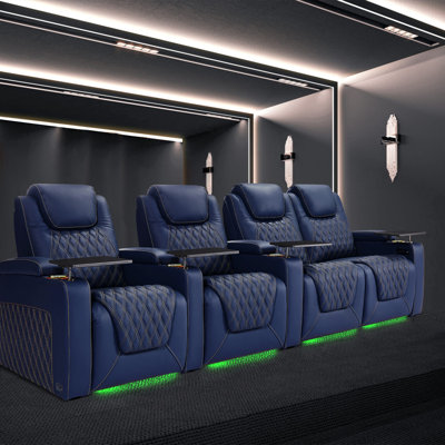 Top Grain Leather Home Theater Seating 7 Color Ambient Lighting Row Of 4 Loveseat Right by Wrought Studio